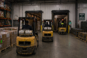 Busy Warehouse With Forklifts And Docks - Brazos Manufacturing